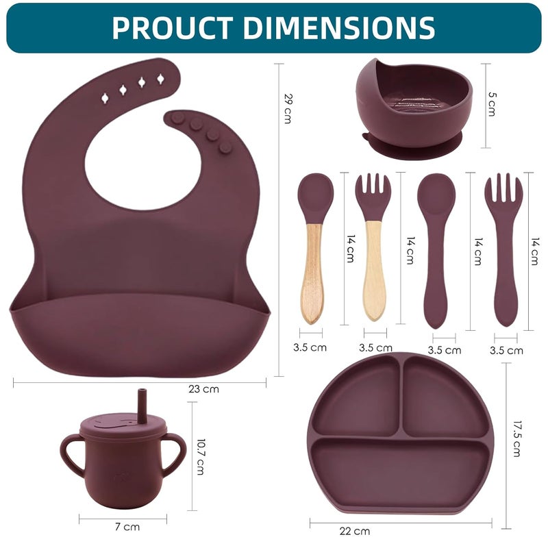 Dormlony 100% Silicone Baby Feeding Set, BPA Free Dishes With Suction Bowl, Divided Plate, Toddler Self Feeding Utensils, Spoons, Forks, Sippy Cup and Bib (Dark Red) - Image 2